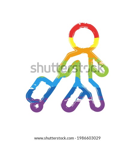 Walking passenger with suitcase, traveler and luggage. Drawing sign with LGBT style, seven colors of rainbow (red, orange, yellow, green, blue, indigo, violet