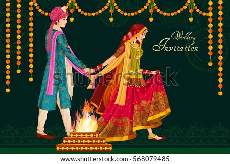 Vector design of Indian couple in wedding Satphera ceremony of India