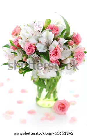 Beautiful bouquet alstroemeria and rose on white isolated background
