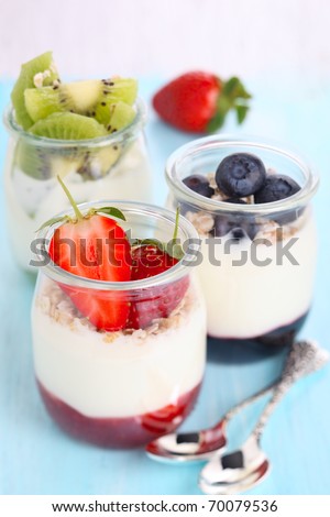 Natural yogurt with jam and fresh berries (strawberry, blueberry, kiwi)