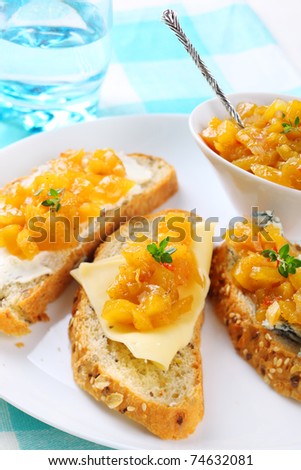 sandwich with variety of cheese and mango chutney, soft focus