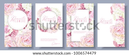 Vector botanical banners set with pink peony and white hydrangea flowers. Romantic design for natural cosmetics, perfume, women products. Can be used as greeting card or wedding invitation