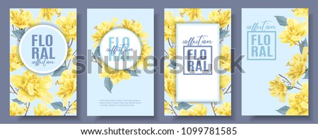 Vector tropical banners set with yellow hibiscus flowers on blue background. Exotic floral design for cosmetics, spa, perfume, health care products, wedding invitation, summer background.