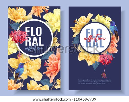 Vector tropical banners with bright flowers and hummingbird on dark blue. Exotic floral design for cosmetics, spa, perfume, health care products, wedding invitation. Best as summer background.