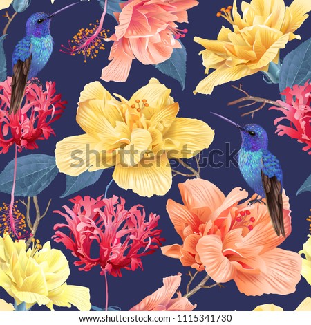 Vector tropical seamless pattern with bright flowers and hummingbird on dark blue. Exotic floral background design for cosmetics, spa, perfume, health care products. Best as wrapping paper