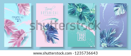 Vector tropical leaf banner set on bright background. Trending colors modern botany design for cosmetics, spa, perfume, health care products, fashion, aromatherapy, tourist agency, summer party