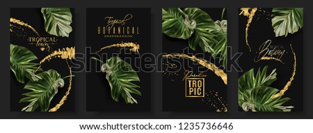 Vector tropical alocasia leaf banner set on black background. Exotic botany for cosmetics, spa, perfume, health care products, fashion, tourist agency. Best as wedding invitation. With place for text