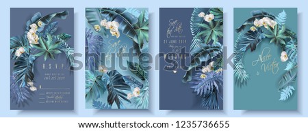 Vector vertical wedding invitation card set with turquoise tropical leaves and orchid flowers. Save the date and R.S.V.P. botany design for wedding ceremony. Can be used for cosmetics, beauty salon