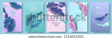 Vector tropical banners set. Purple, pink and emerald banana leaves with splashes. Exotic botany design for cosmetics, spa, perfume, health care product, tourist agency.Best as summer party invitation