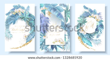 Vector vertical wedding invitation card set with light blue tropical leaves and orchid flowers. Save the date and R.S.V.P. botany design for wedding ceremony. Can be used for cosmetics, beauty salon Stock fotó © 