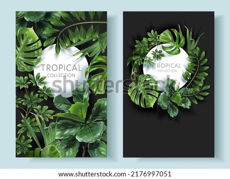 Vector tropical frames with green leaves on black background. Luxury exotic botanical design for cosmetics, wedding invitation, summer banner, spa, perfume, beauty, travel, packaging design