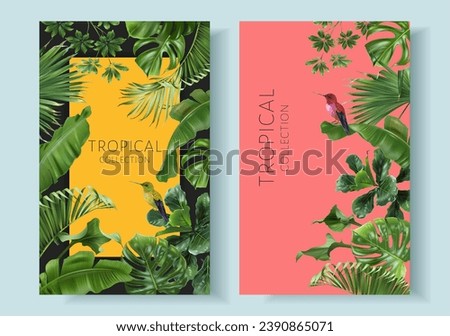 Vector frames of green tropical leaves and hummingbird on colorful background. Exotic botanical design for cosmetics, spa, perfume, beauty salon, travel agency, florist shop. Best as packaging design