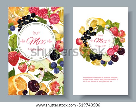 Vector fruit and berry banners. Design for juice, tea, ice cream, jam, natural cosmetics, sweets and pastries filled with fruit, dessert menu, health care products. With place for text