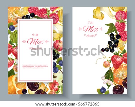 Vector fruit and berry vertical banners on white background. Design for natural cosmetics, sweets and pastries filled with fruit, dessert menu, health care products. With place for text