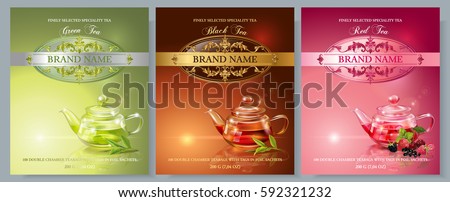 Vector green, black and red tea banners with transparent teapot tea leaves and berries. Design for packaging, drink menu and tea products. Only free fonts used. Font names included in the layers