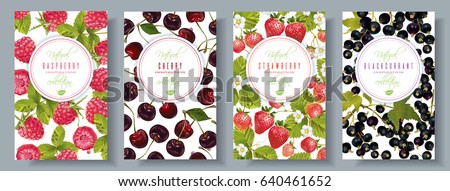 Vector berry vertical banners set. Raspberry, cherry, strawberry, black currant. Design for sweets and pastries filled with berry, candy, dessert menu, health care products. With place for text