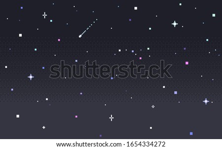 Pixel art star sky at night. Starry sky seamless backdrop. Vector illustration.