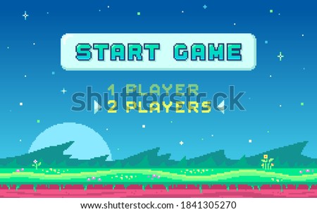 Pixel art UI design with outdoor landscape background. Colorful pixel arcade screen for game design. Banner with button Start Game . Game design concept in retro style. Vector illustration.