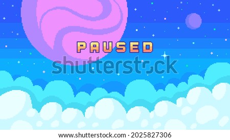 Stream banner with phrase Paused. Planets and clouds on starry sky. Streaming screen background for online broadcast. Vector illustration in pixel art.