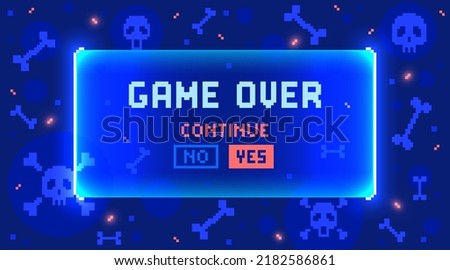 Web banner with phrase Game Over. Sci-fi screen background with neon design. 8 bit computer game in pixel art style vector illustration