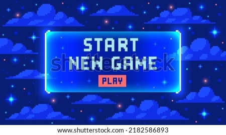 Web banner with phrase Start New Game. Sci-fi screen background with neon design. 8 bit computer game in pixel art style vector illustration