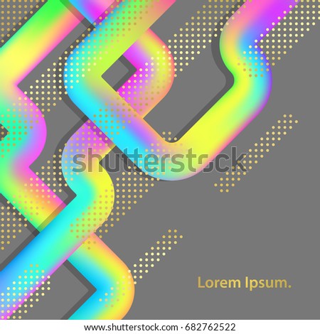 Trendy abstract holographic lines. Colorful poster. Geometric twisted tubes on gray background.