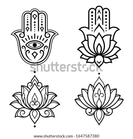 Set of Hamsa hand drawn symbol with lotus flower. Decorative pattern in oriental style for interior decoration and henna drawings. The ancient sign of 