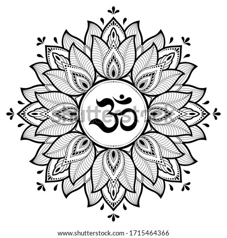 Circular pattern in form of mandala for with flower Henna, Mehndi, tattoo, decoration. Decorative ornament in oriental style with ancient Hindu mantra OM. Outline doodle vector illustration.