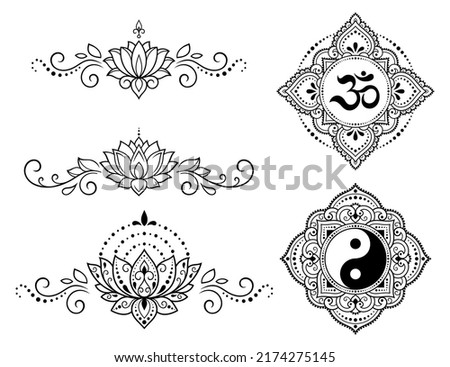 Set of Eastern ethnic religious symbols. Mandala with OM mantra, Yin Yang, Lotus flower. Decorative pattern for henna, mehndi, tattoos, room decoration. Outline doodle vector illustration.