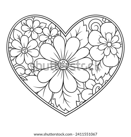 Mehndi flower pattern in form of heart for Henna drawing and tattoo. Decoration in ethnic oriental, Indian style. Valentine's day greetings. Coloring book page.