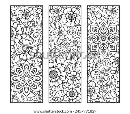 Printable bookmark for book - coloring. Set of black and white labels with flower patterns, hand draw in mehndi style. Sketch of ornaments for creativity of children and adults with colored pencils.