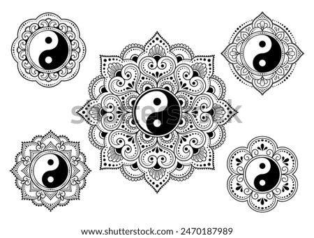 Set of Eastern ethnic religious symbols. Mandala with Yin Yang. Decorative pattern for henna, mehndi, tattoos, room decoration. Outline doodle vector illustration.