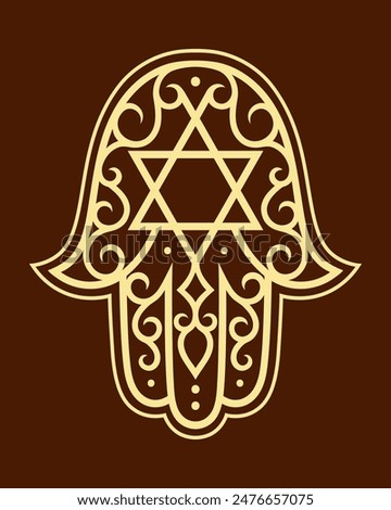 Hamsa hand drawn symbol with flower and the Star of David. Decorative pattern in Eastern Jewish style for interior decoration and henna drawings. The ancient sign of 