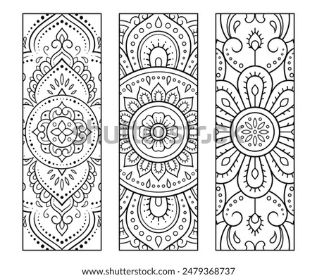 Printable bookmark for book - coloring. Set of black and white labels with flower patterns, hand draw in mehndi style. Sketch of ornaments for creativity of children and adults with colored pencils.