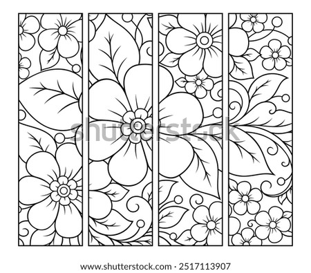 Printable bookmark for book - coloring. Set of black and white labels with flower patterns, hand draw in mehndi style. Sketch of ornaments for creativity of children and adults with colored pencils.