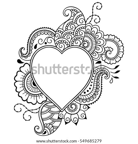 Outline Decorative Doodle Flower In Mehndi Style Floral Frame The Shape Of Heart