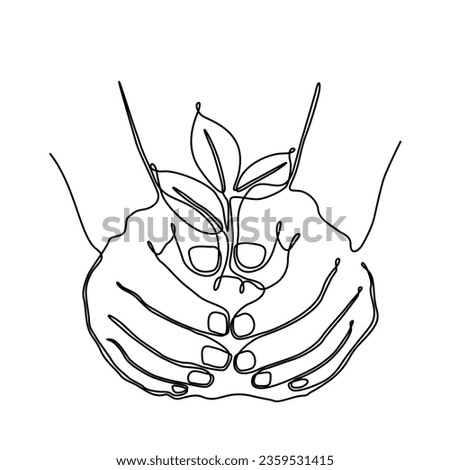 Single continuous line of hands holding tree leaf. Plant leaves grow planet Earth seedling eco natural concept design sketch drawing vector illustration art