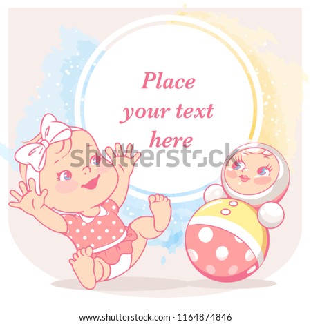 cute little girl play with tumbler toy..  Baby's friend. Happy smiling toy play wave hands. Roly Poly toy. Preset for your blog. Template for mother's page in social media. Vector illustration.