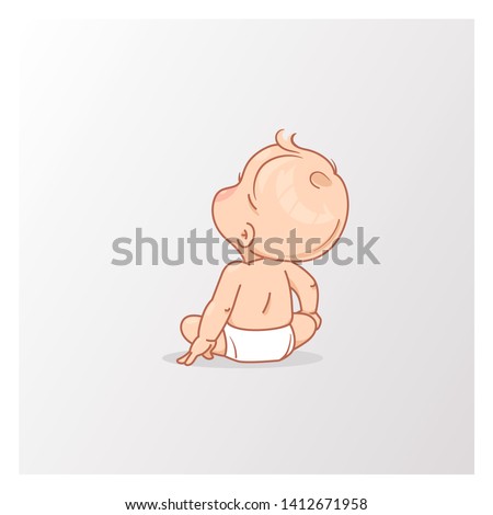 Cute little baby boy in diaper looking up. Active baby of age from 6 months to year sitting, view from back.  First year of child. Healthy baby play.Vector illustration isolated on white background.