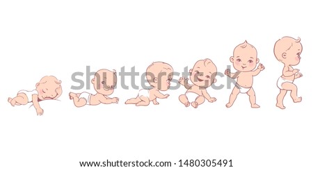 Baby  development. Baby growth from newborn to toddler scale.  First year. Cute boy or girl of 0-12 months. Design template. Vector color illustration. 