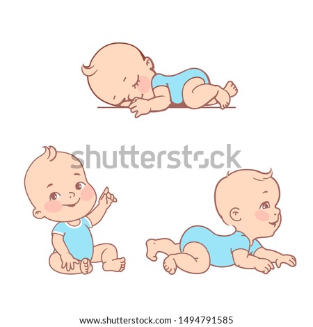 Set with smiling little baby boy in diaper, bodysuit. Active baby of age from 3 months to year learn to crawl, move on his stomach. First year of child. Healthy baby play.