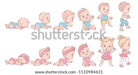 Baby girl and boy in row. Set of child health and development icons in line. Scale of baby growth from newborn to toddler. First year milestones. Cute  kid of 1-12 months. Vector color illustration.  商業照片 © 