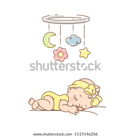 Little baby girl sleep under mobile toy. Girl wear pink pajamas and bow. Newborn baby girl  sleep at night. Bright hanging toy. Colorful vector Illustration isolated on white background.