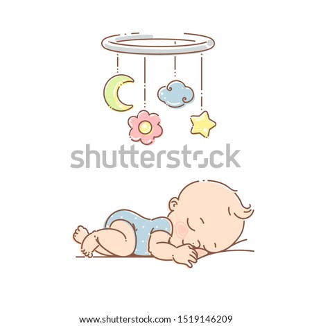 Little baby boy sleep under mobile toy. Boy wear blue pajamas. Newborn baby boy  sleep at night. Bright hanging toy. Colorful vector Illustration isolated on white background.