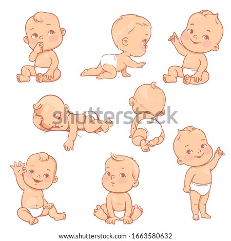 Set with cute little baby boy  in diaper. Active baby of 3-12 months. First  year baby development. Baby sleep, stand, sit, crawl, point with finger. Caucasian ethnic.Color vector illustration set. 