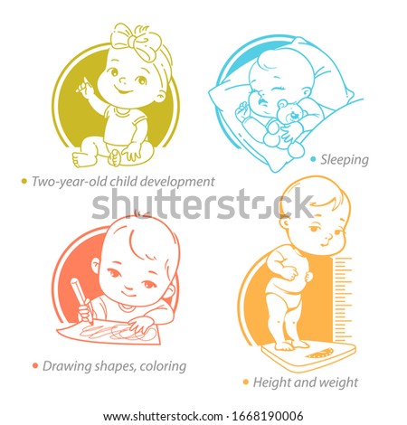 Set of child health and development icons. Toddler growth and milestones in second year. Cute toddler boy or girl of 12-24 months sleep, draw. Height and weight per age.  Vector color illustration. 