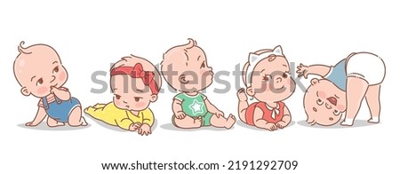 Cute little babies of 3-12 months. Happy smiling children lay, sit, play. Boy or girl, various poses. Children wear diapers, tshirts, overalls. Color vector illustration set.
