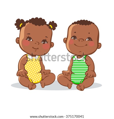 Smiling toddler boy and girl sitting. Portrait of happy smiling kids.  Dark skin, black eyes. African american children. Colorful vector illustration on white background