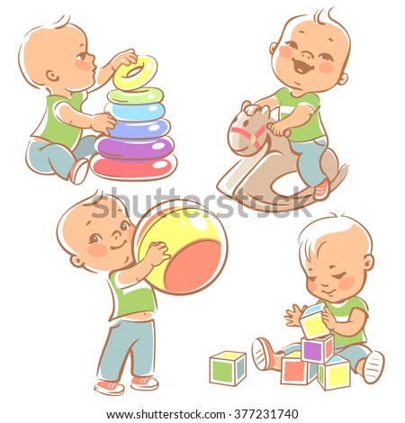 Children play with toys. Little baby boy riding a wooden horse.  Kid with pyramid, boy holding a ball. Baby builds house of cubes. Toys and games for one year old kid. Colorful vector illustration.