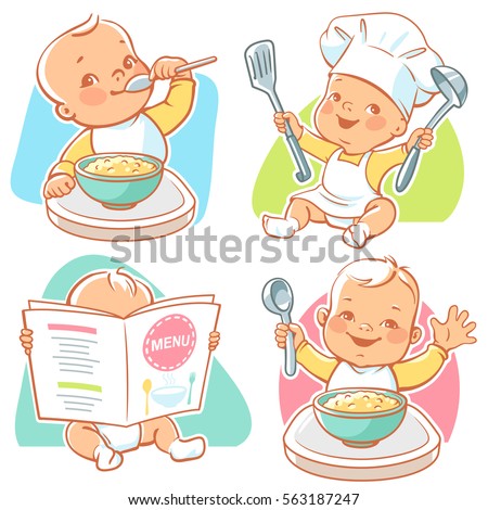 Set of vector illustrations with cute little babies. Toddler eating porridge, boy sit at table, kid in diaper reading menu, happy child wearing cook hat. Healthy food emblem. Vector illustration